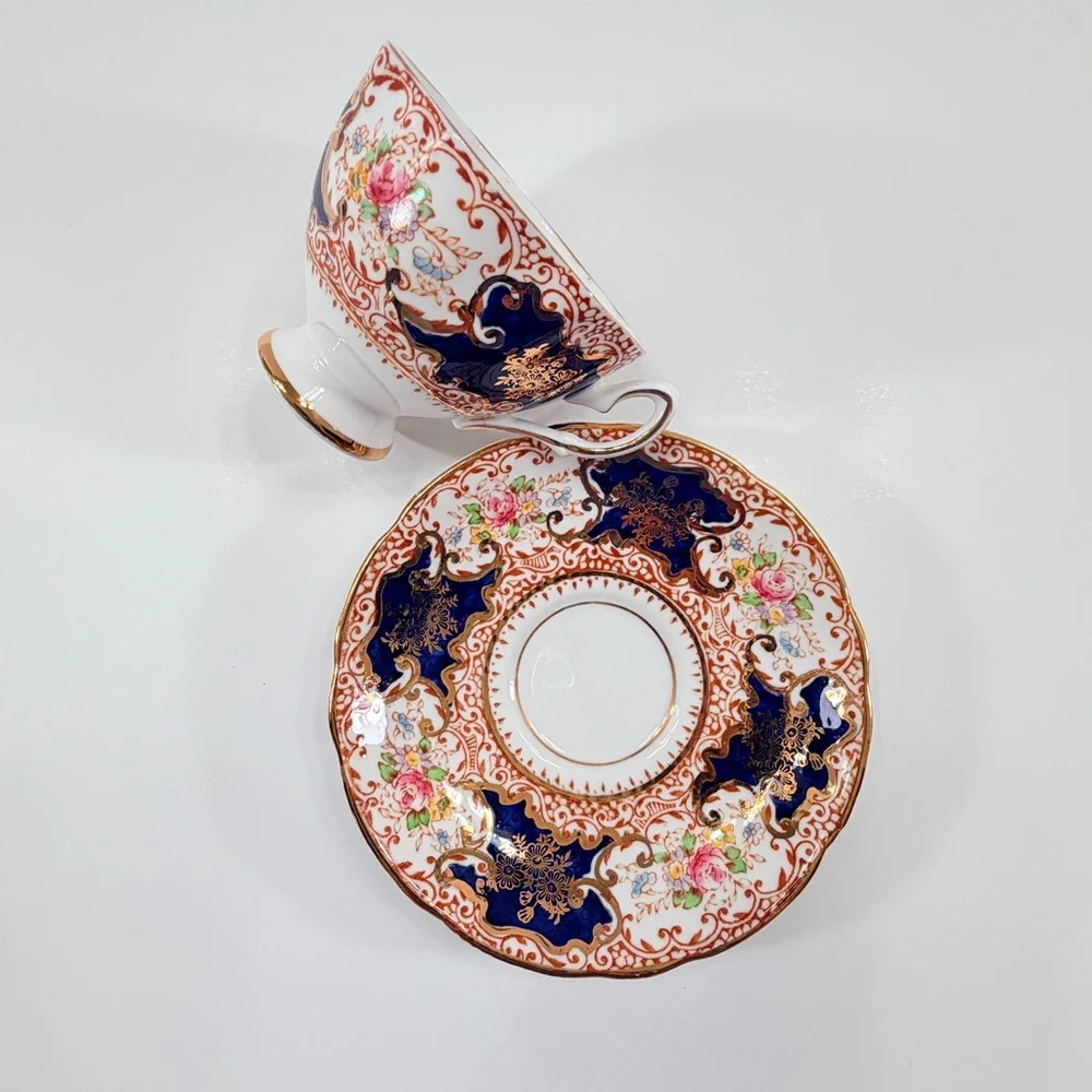 Salisbury Trio Footed Teacup Cup Saucer, Bone China Cobalt Blue Imari Floral Vtg